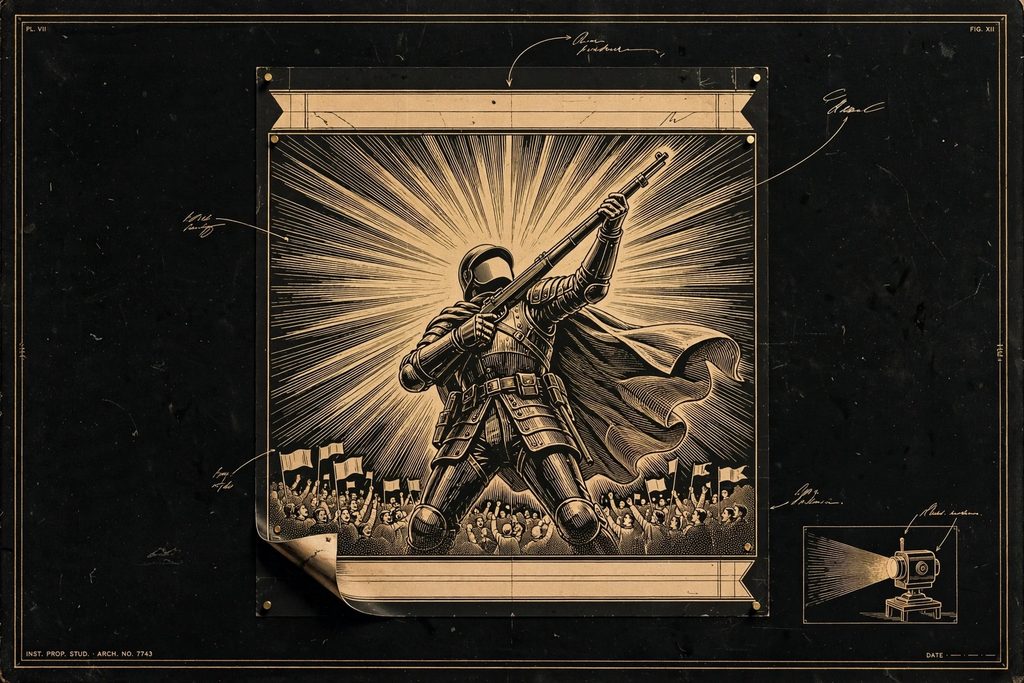 Engraved study of a pinned propaganda poster showing a faceless heroic soldier under a sunburst, with empty slogan banners.