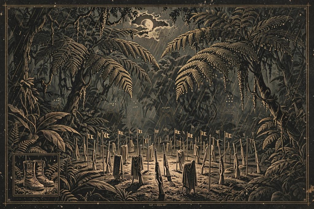Engraved jungle clearing at night filled with makeshift memorial markers, with machine silhouettes in the mist.