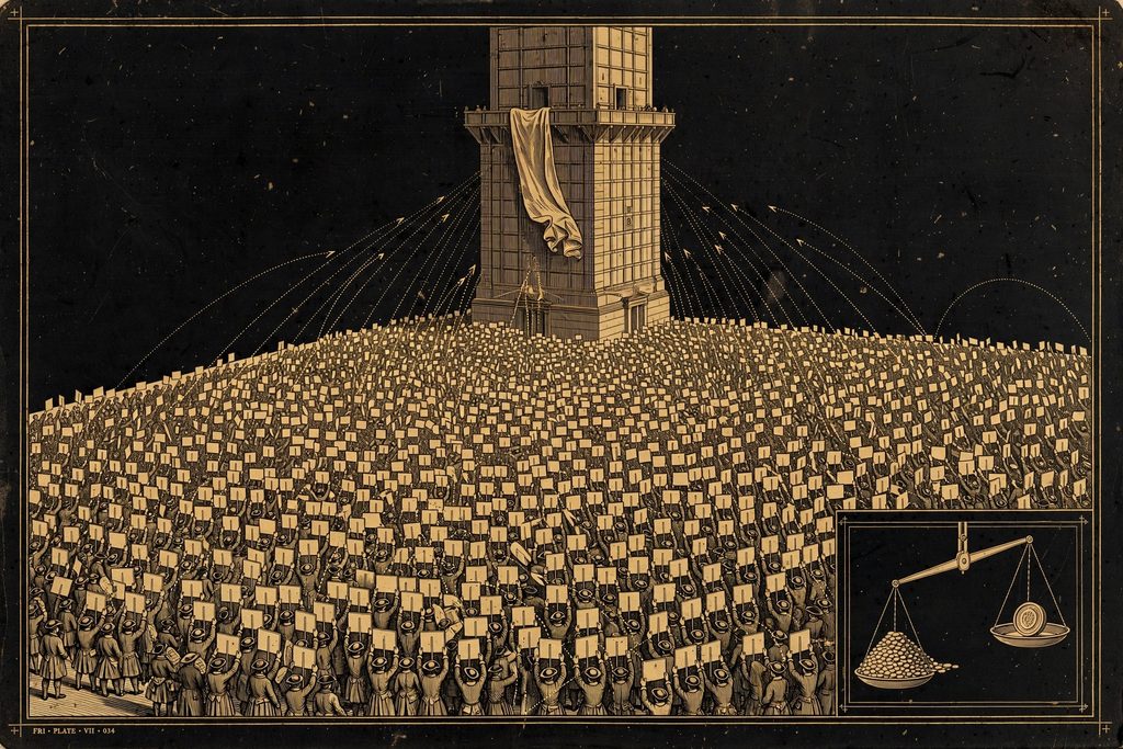 Engraved plaza packed with a crowd raising blank placards toward a tower that is lowering its banner.