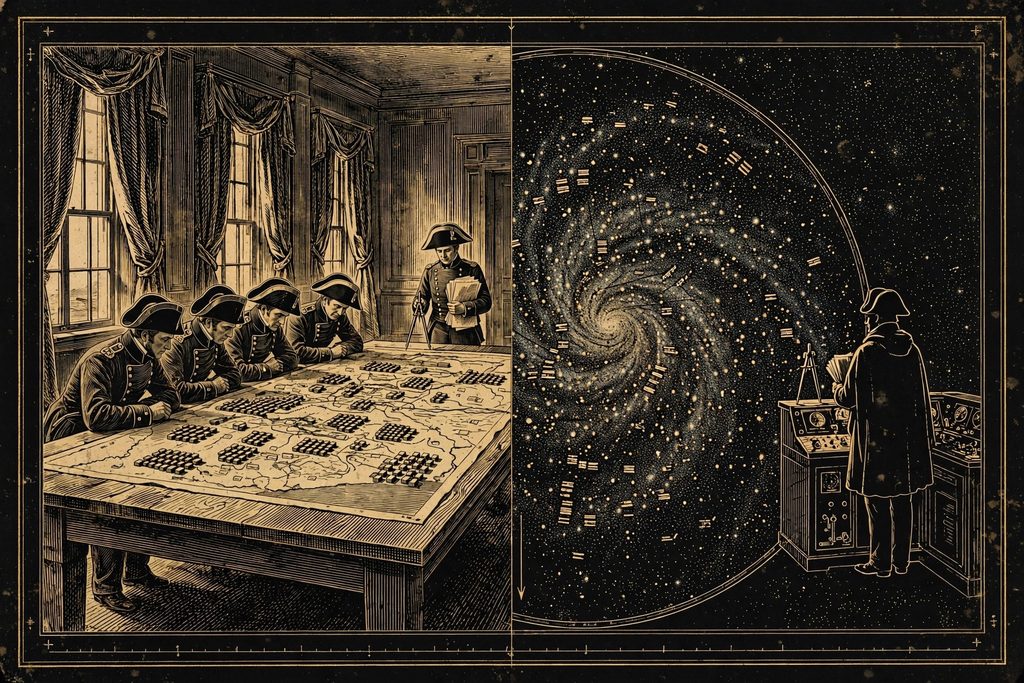 Engraved comparison of a nineteenth-century war game umpire beside a lone figure overseeing a galaxy-sized map.