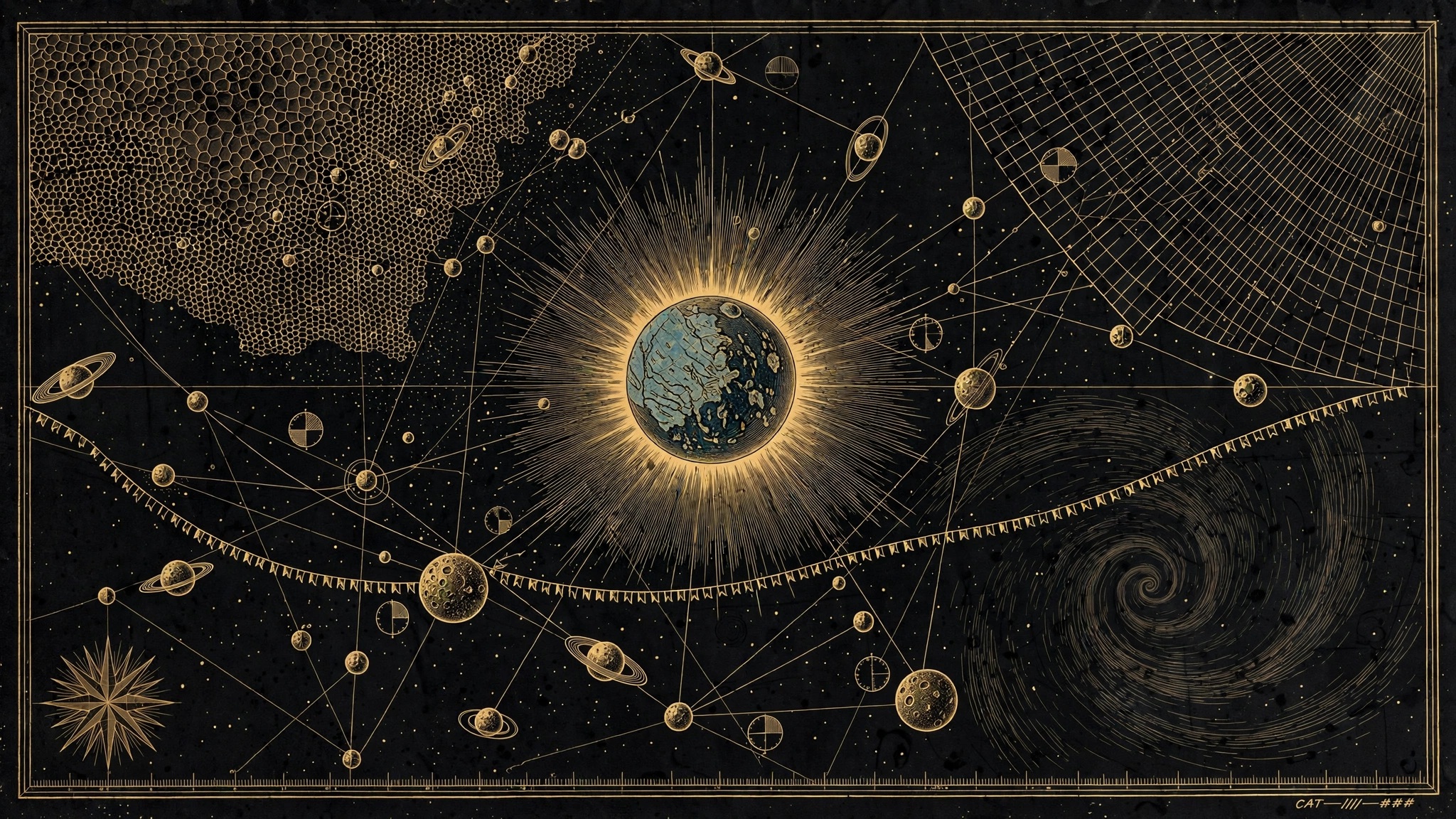 Engraved celestial war chart with a capital world at the centre and a front line of pennants across three enemy sectors.