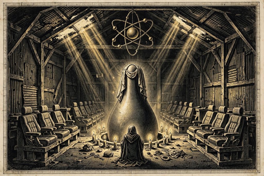 Institute illustration of a makeshift church where the nose of a bomb stands in place of the altar.