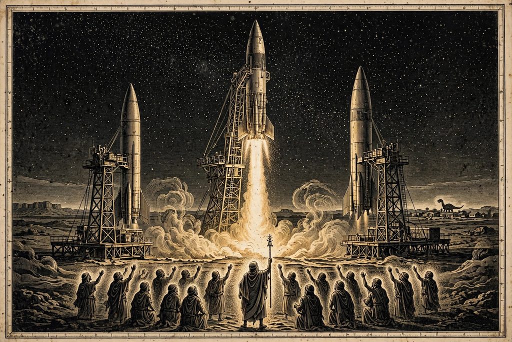 Institute illustration of robed, glowing figures watching a rocket lift off from a desert test site at night.