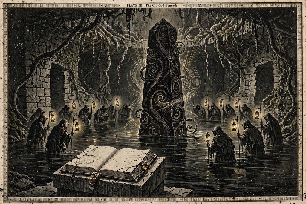 Institute illustration of swamp dwellers chanting around a dark obelisk in a flooded chamber.
