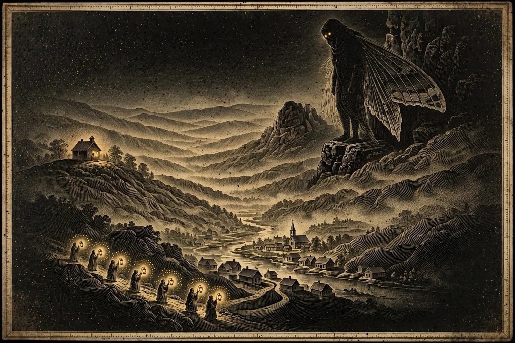 Institute illustration of a winged creature with glowing eyes watching over a misty valley town and a lantern procession.