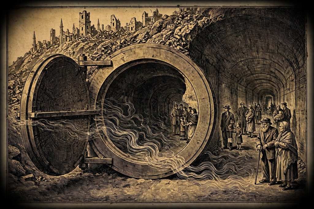 Gold engraving of a giant circular blast door stuck half open in a hillside tunnel, with drifting lines of radiation flowing in toward families gathered inside.