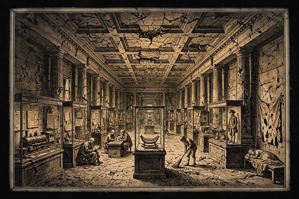 Gold engraving of weathered ageless people living among the display cases of a ruined museum hall, with an empty wooden cradle displayed behind glass at the center.