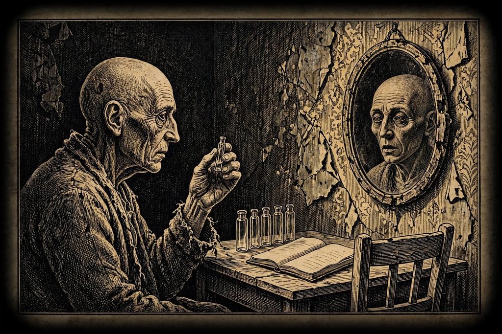 Gold engraving of a weathered ageless man examining a nearly empty vial at a table, while his reflection in a cracked mirror looks subtly wilder than he does.