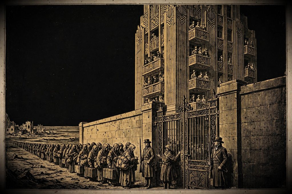 Gold engraving of a line of hooded, weathered people waiting outside the guarded gate of an elegant tower while wealthy residents watch from the balconies above.