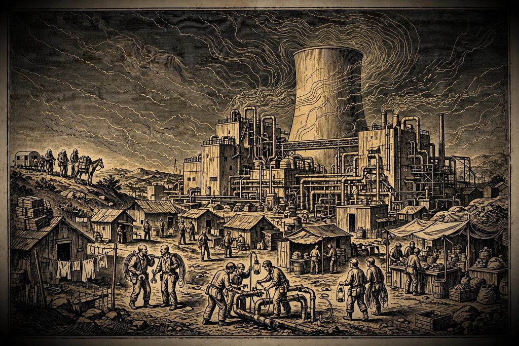 Gold engraving of weathered workers moving freely through a town built around a nuclear power plant while a masked human caravan waits at a distance.