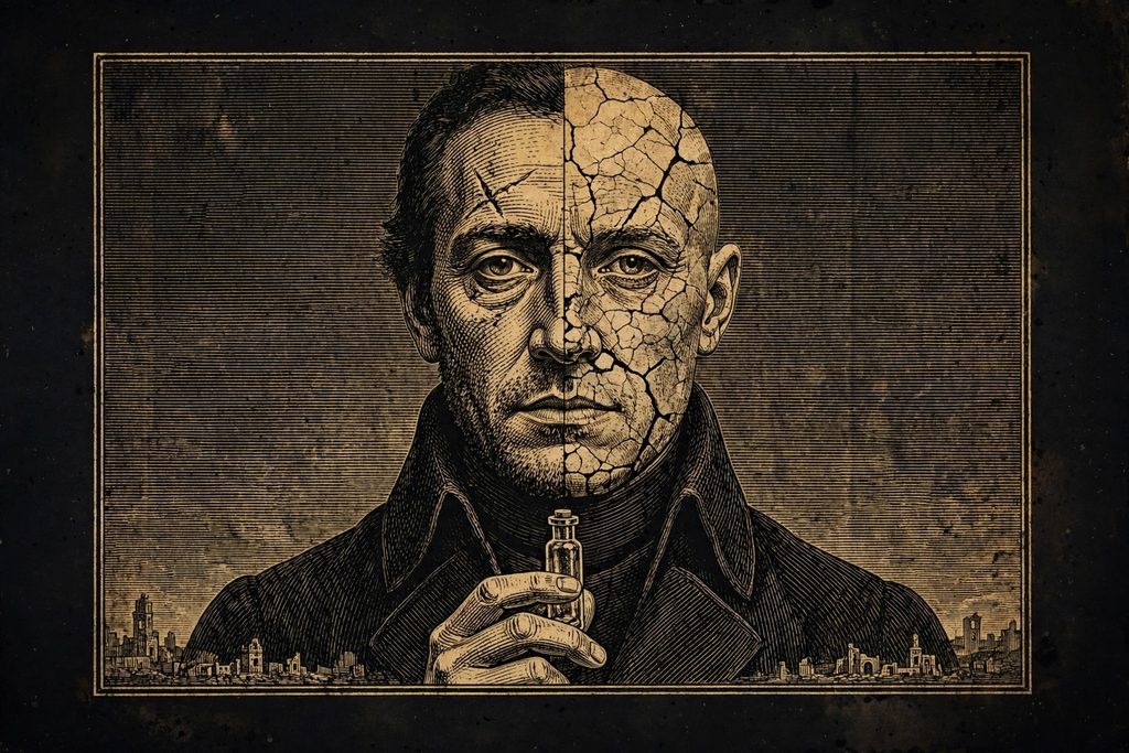 Gold engraving of a man's portrait split down the middle, one half human and the other weathered and hairless, holding an empty vial and looking calmly at the viewer.