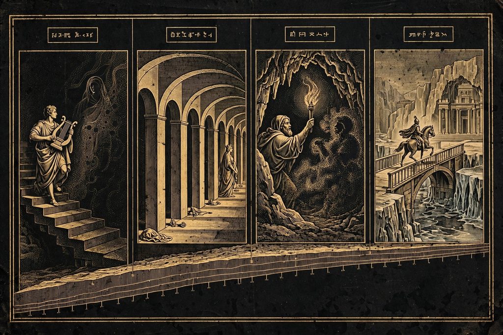 Engraved four-panel chart of underworld descents from Greek, Sumerian, Japanese and Norse myth.