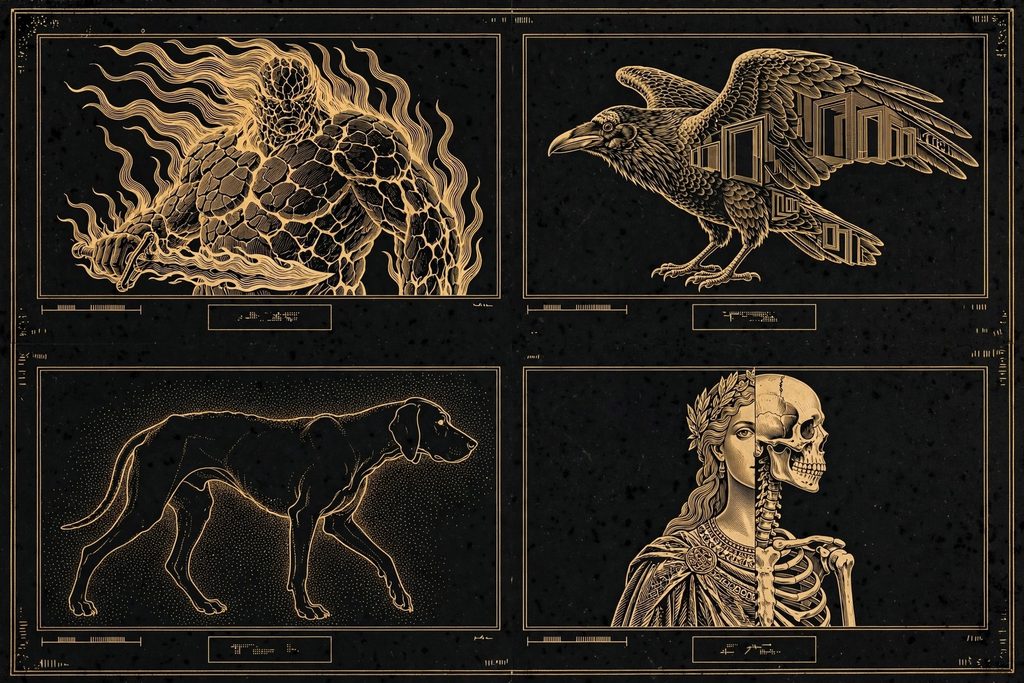 Engraved bestiary sheet of a fire giant, a dissolving raven, a hound of darkness and a half-dead queen.