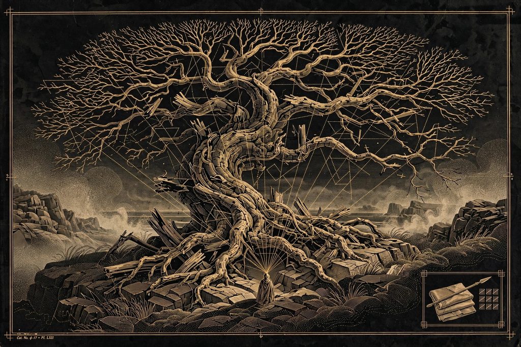 Engraved ancient tree whose branches and shadows form hidden runes, with sight lines from a figure at its roots.
