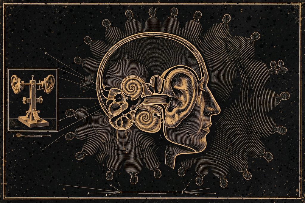 Engraved anatomical profile of a head surrounded by sound waves arriving from many directions.