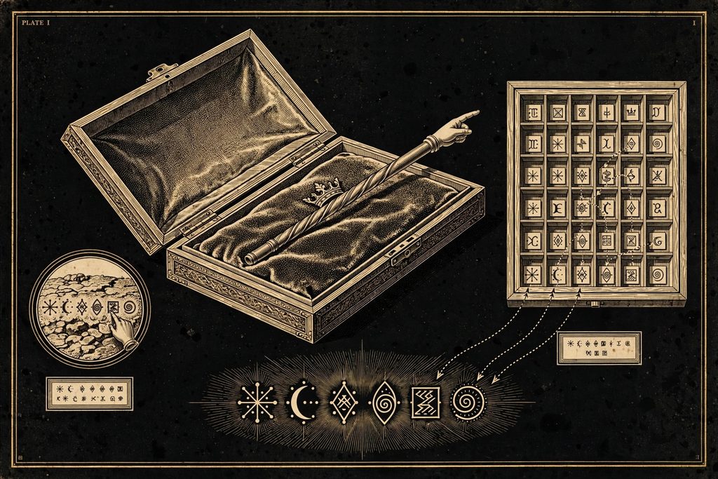 Engraved specimen plate of a withered finger in a reliquary beside a type case of glyph tiles.
