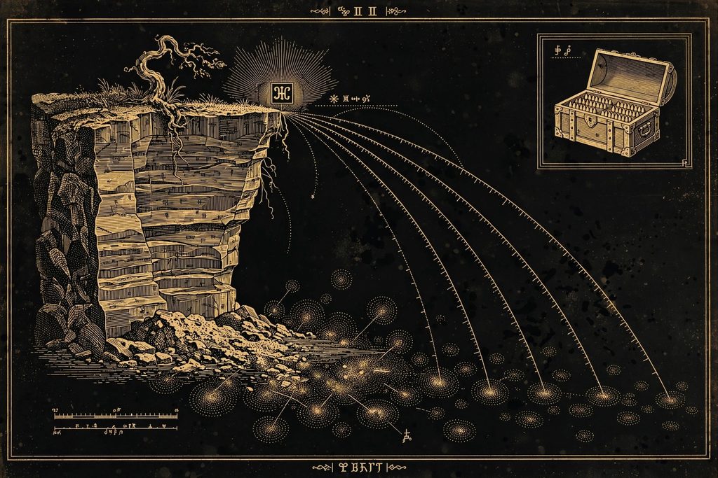 Engraved cross-section of a cliff with an inscription at its edge and a cluster of stains at its base.