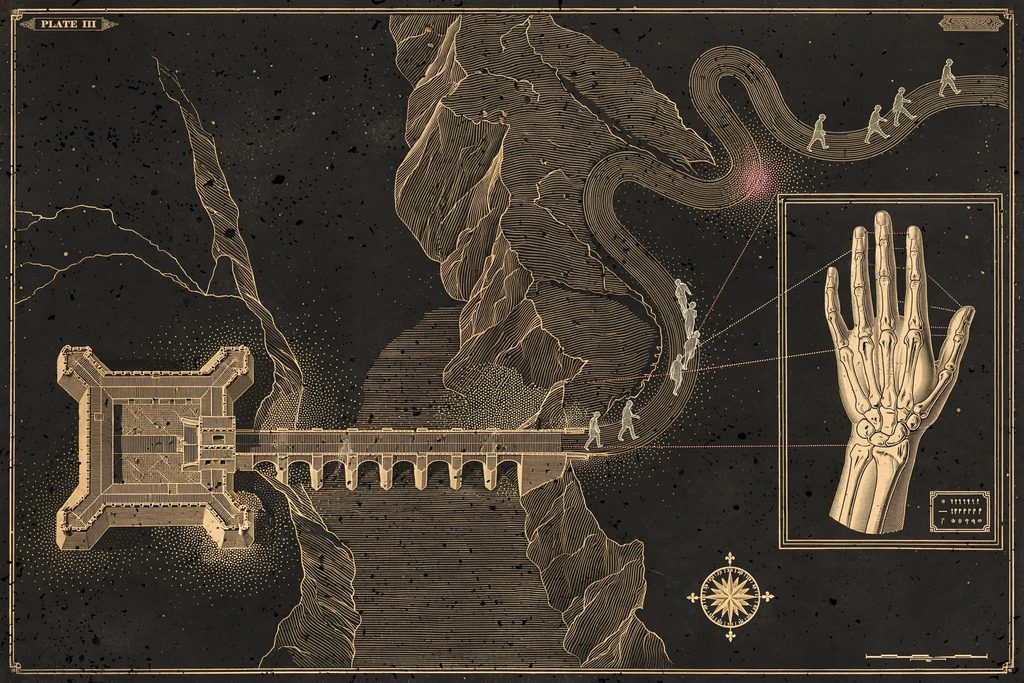 Engraved plan of a gate and bridge covered in stipple death markers, with an anatomical hand inset.