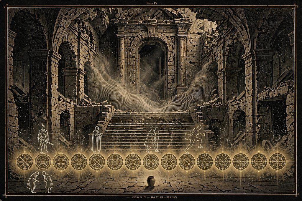 Engraved hall with a misted doorway and a long queue of glowing summoning sigils, a clay jar at the foot of the stairs.