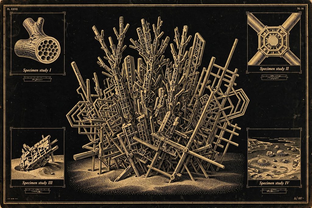 Engraved botanical-style specimen sheet of a thicket of branching metal structures, with a tide pool of living creatures.