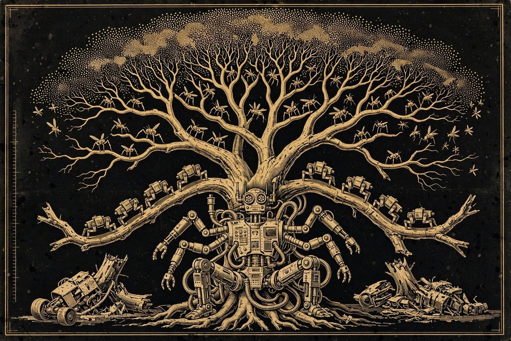 Engraved evolutionary tree in which large complex robots at the root give way to ever smaller machines, ending in a swarm.