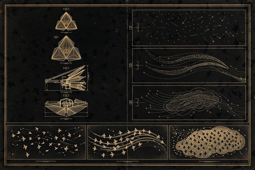 Engraved study of a magnified triangular micro-machine beside diagrams of a swarm forming, mirrored by a flock of starlings.