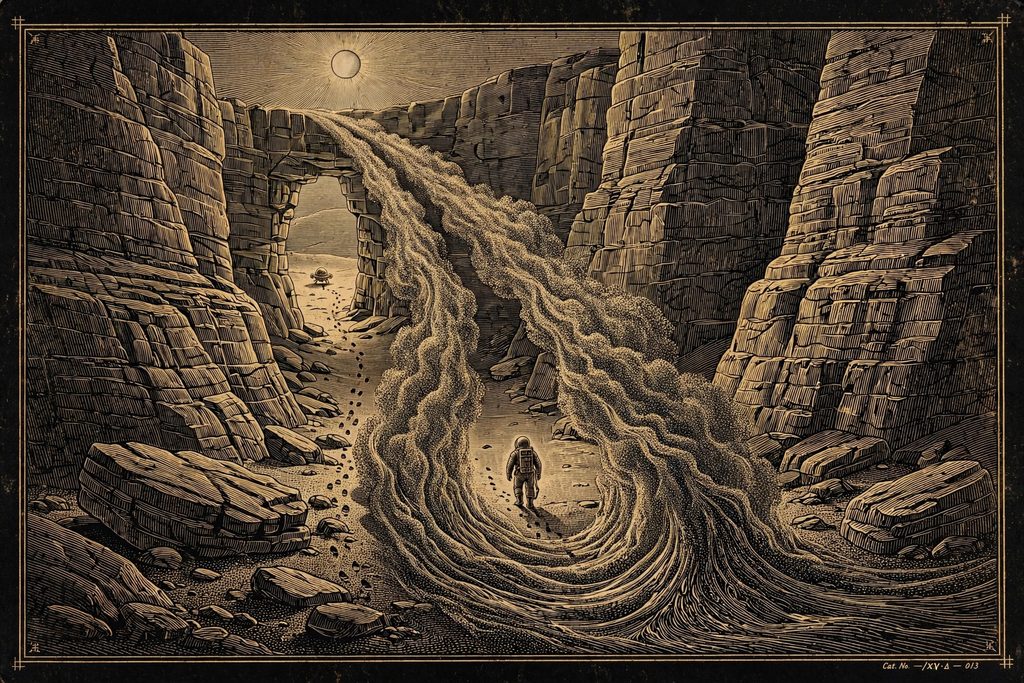 Engraved canyon where a vast swarm flows around a lone unarmed walker without touching them.