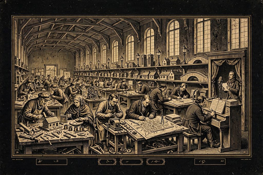 Engraved workshop hall where volunteers of many trades build pieces of a miniature city at separate workbenches.