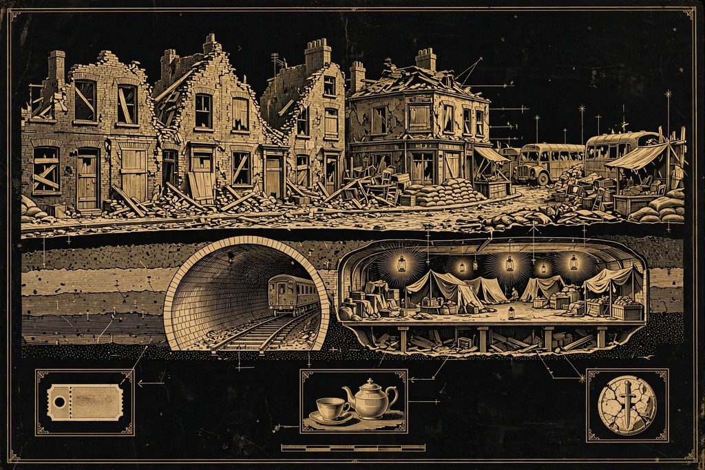 Engraved cross-section of a barricaded London street above a tube tunnel where people live on an abandoned platform, with ticket and teacup insets.