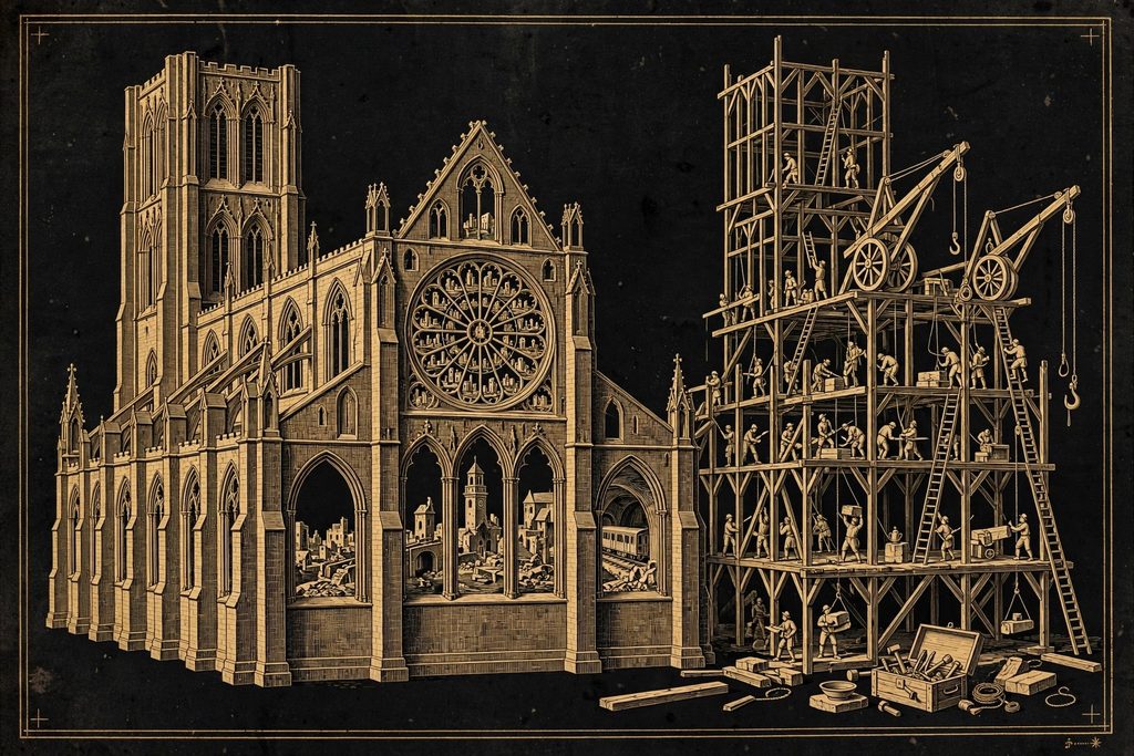 Engraved half-built Gothic cathedral under timber scaffolding, its windows showing scenes of a ruined modern city.
