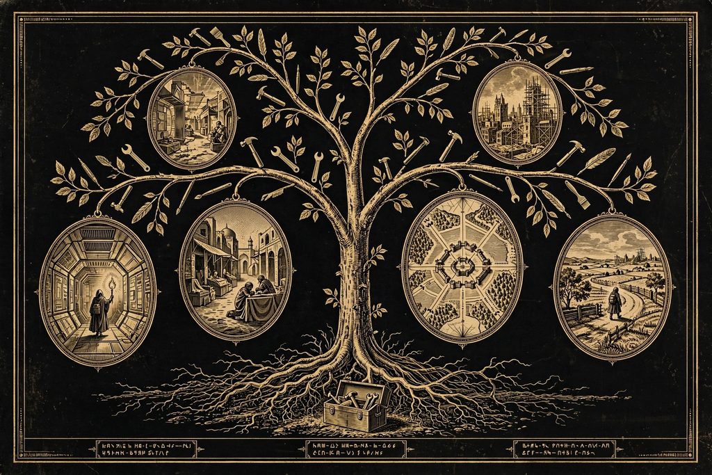 Engraved family tree growing from a toolbox, its branches ending in vignettes of famous player-built games and a ruined London.