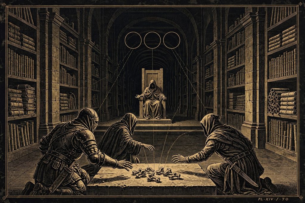 Engraved hall where three kneeling adventurers throw knucklebones before a weary robed figure on a throne.