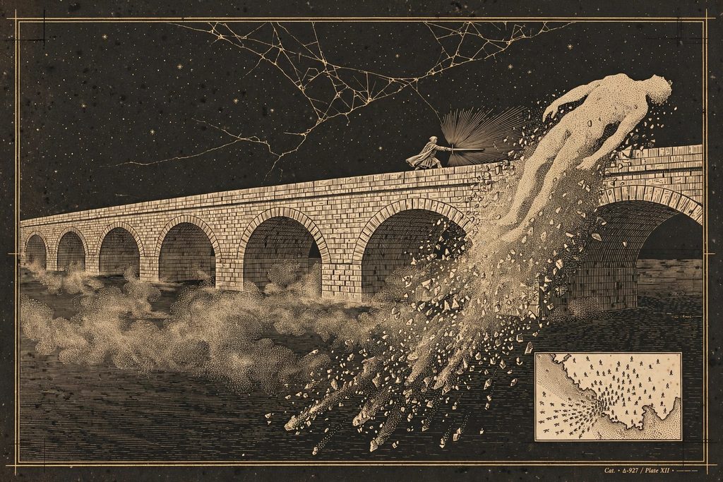 Engraved stone bridge at night where a mortal with a sword strikes down a giant figure dissolving into ash.