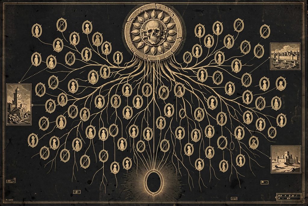 Engraved family tree descending from a skull medallion, with many portrait frames crossed out, converging on one empty frame.