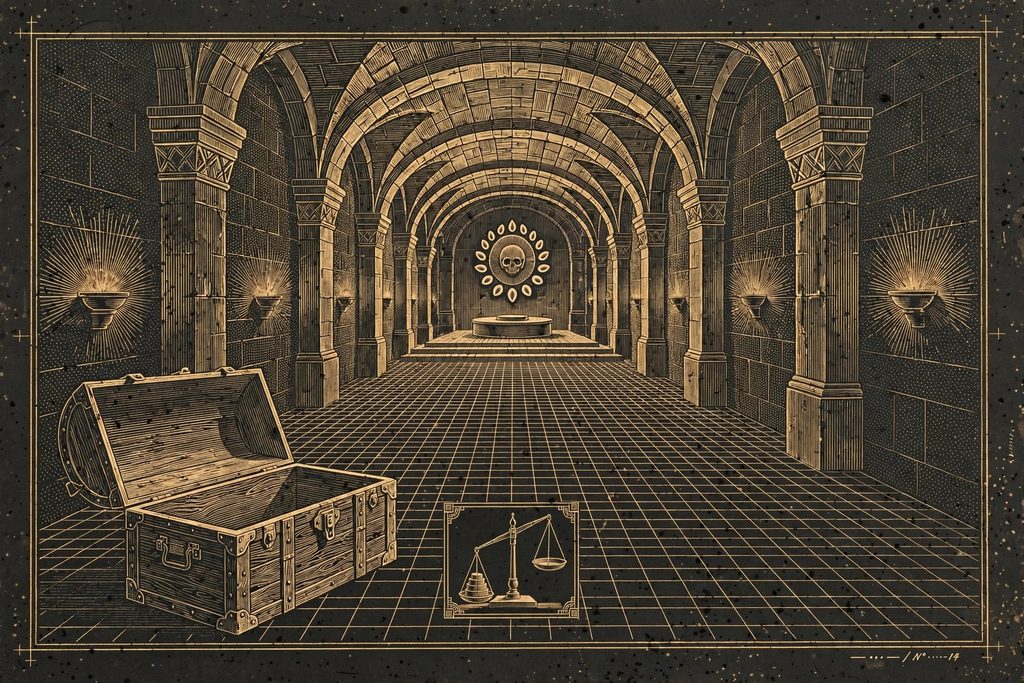 Engraved underground sanctuary whose floor is covered with rows of shrouded forms before an altar, an empty chest in the foreground.