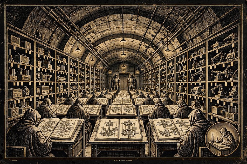 Engraved bunker scriptorium where robed scribes copy technical manuals, guarded by armoured sentinels.