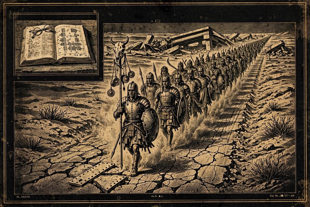 Engraved column of warriors in improvised Roman-style armour on a ruined highway, a Roman history book inset.