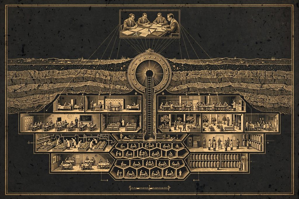 Engraved cross-section of an underground shelter with experimental rooms, observed by suited executives above.