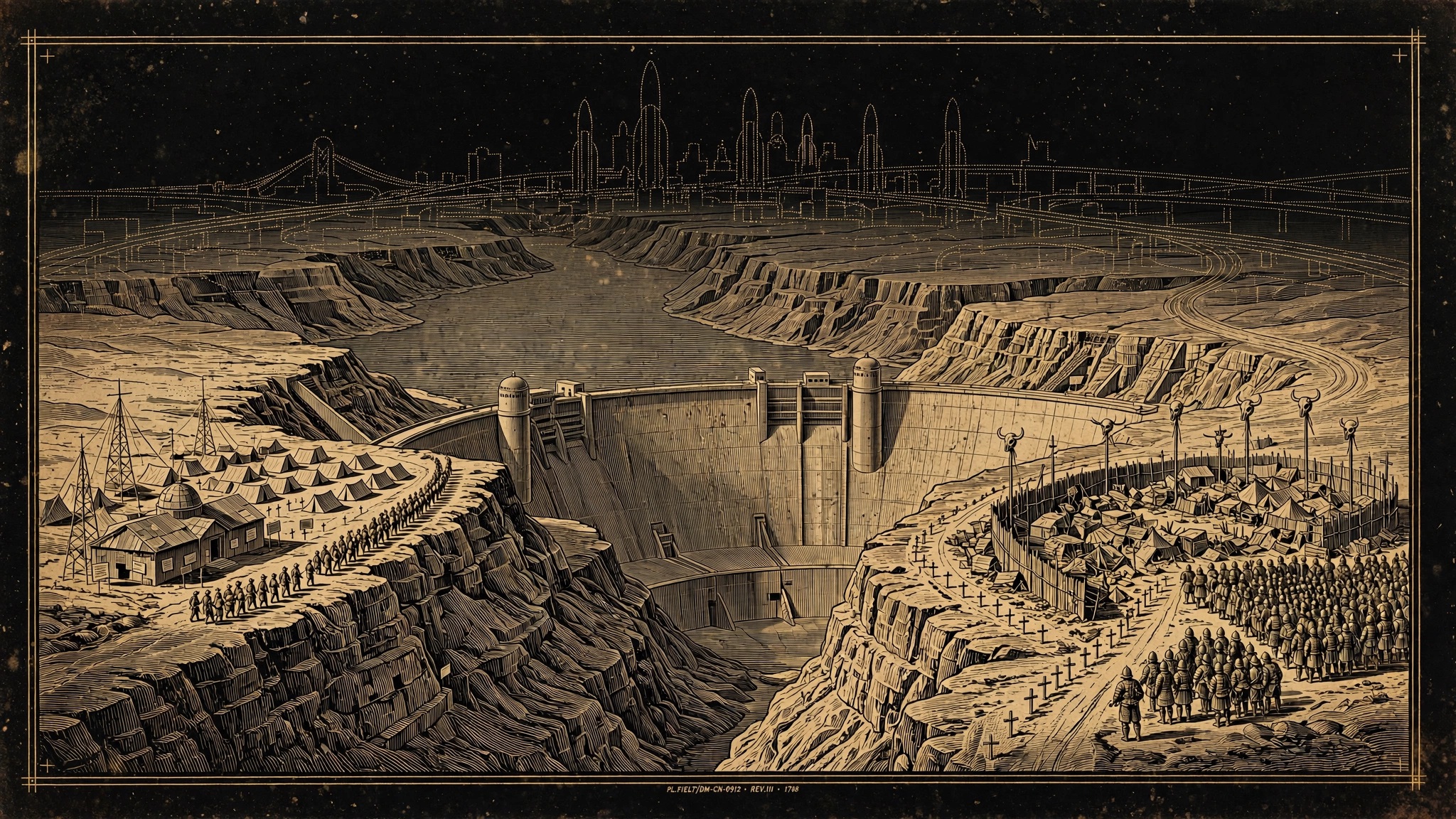 Engraved desert dam with a republic's camp on one bank and an empire's camp on the other, a ghostly old-world skyline above.