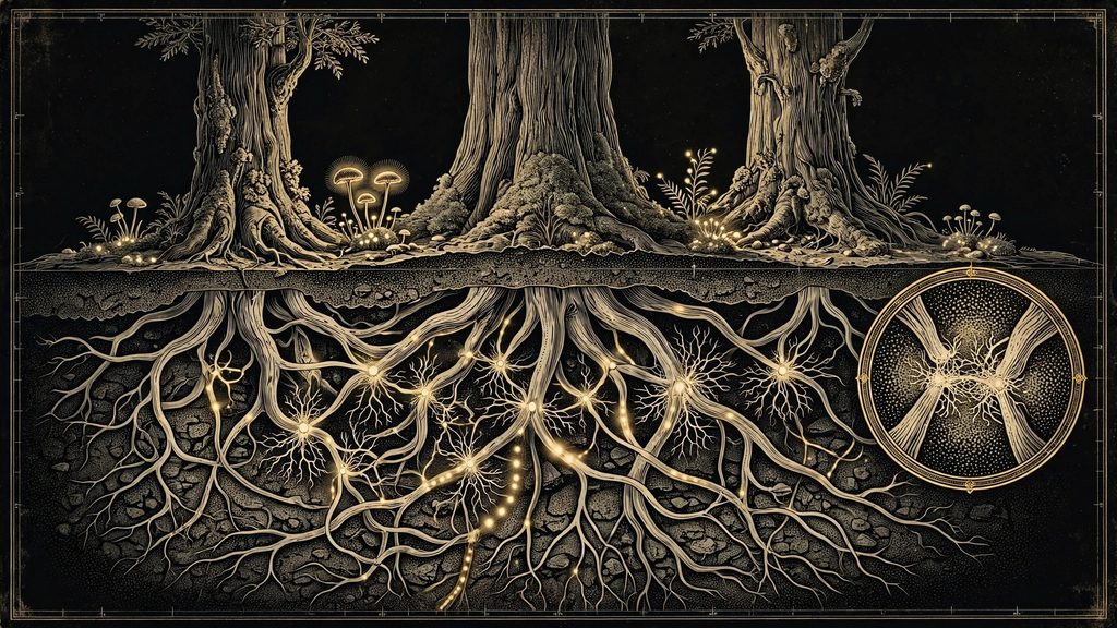 Institute illustration of a forest cross-section showing tree roots connected like neurons.