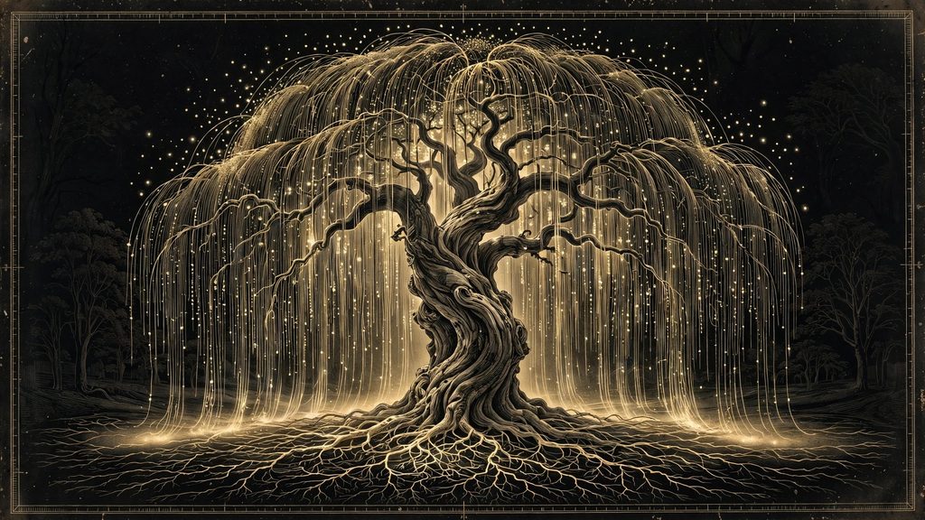 Institute illustration of a great tree with glowing hanging strands in a dark clearing.
