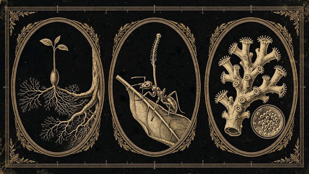 Institute illustration comparing a fungal root network, an infected ant and coral with symbiotic algae.