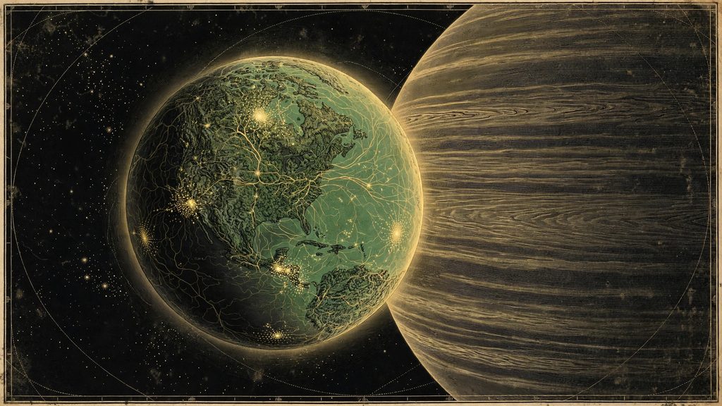 Institute illustration of a green moon covered in a glowing web like a nervous system.