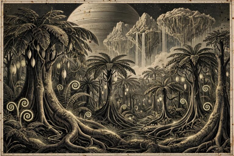 Institute field plate of a nocturnal alien forest glowing with bioluminescence beneath floating mountains.