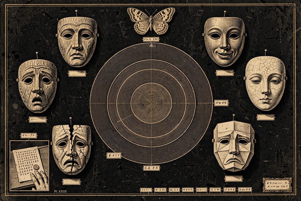 Engraved specimen sheet of pinned theatrical masks around a diagram of the psyche, with a butterfly.