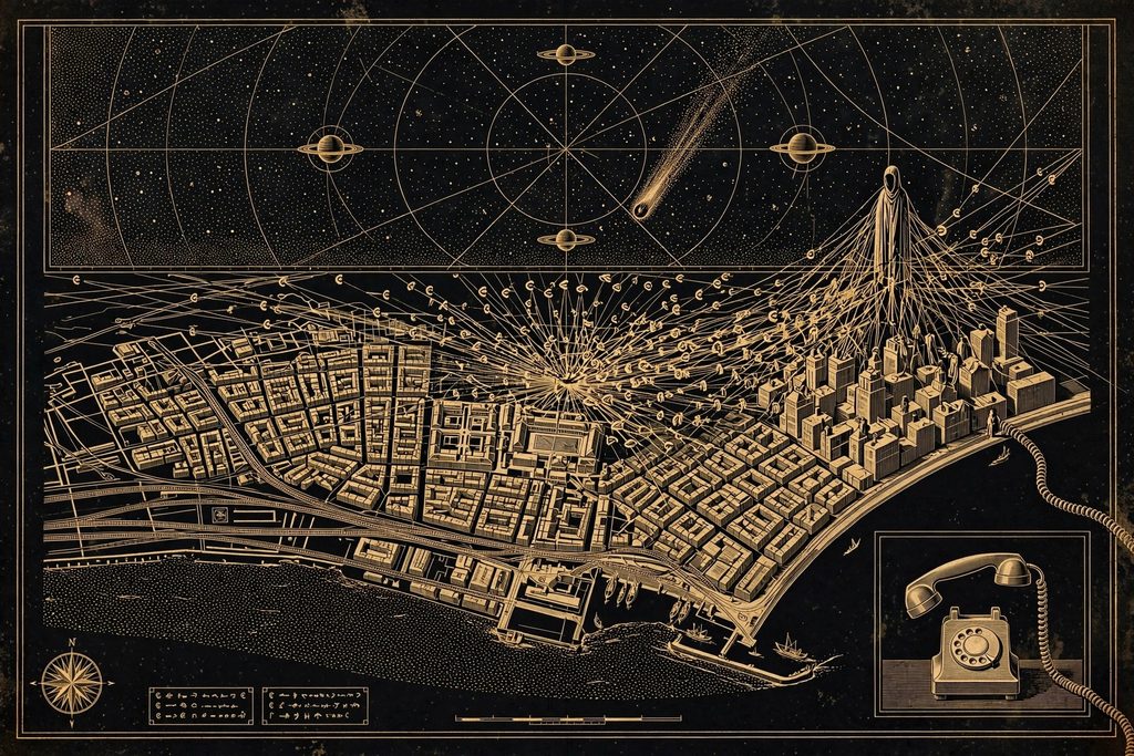 Engraved city plan crossed by a spreading web of whispering mouths under a sky of aligned planets.