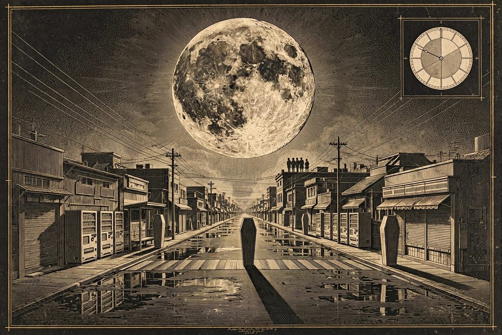Engraved midnight street under a giant moon, with upright coffins standing where people should be.