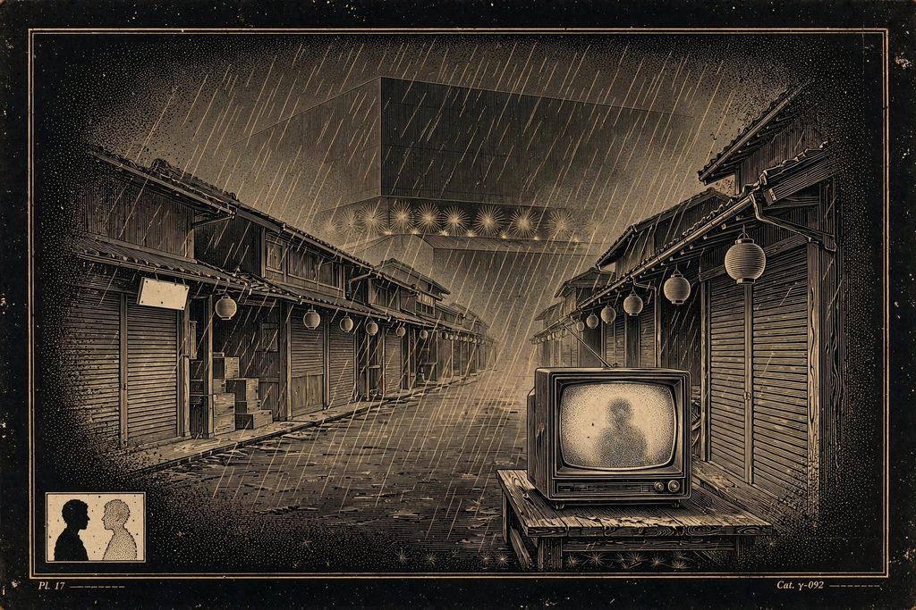 Engraved rural shopping street in fog and rain, a switched-off television glowing on a bench.