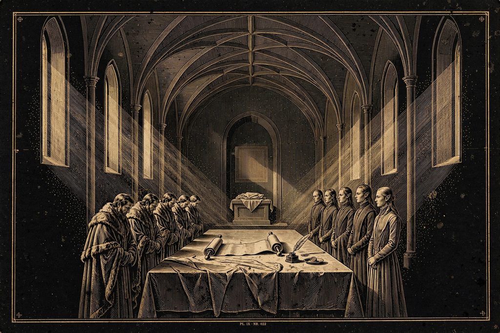 Engraved treaty chamber where human and elven delegates stand at a table while a statue of a god is covered with a sheet.