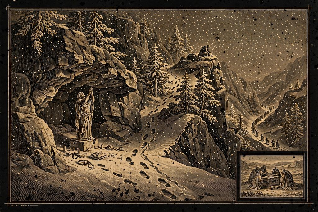 Engraved mountain shrine with offerings in the snow, watched from a ridge as a column of robed riders passes below.